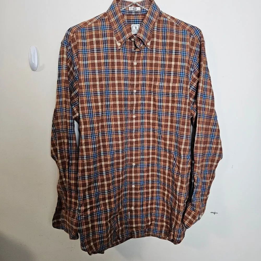 Peter Millar Shirt Mens L Blue Brown Orange Check Long Sleeve Button Down